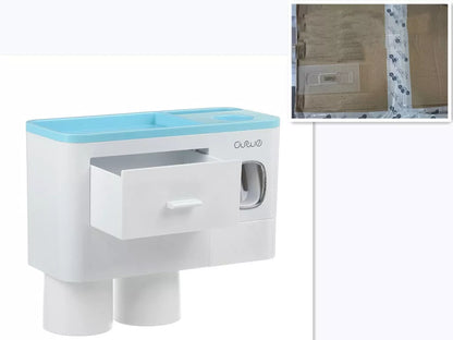 Non-marking hanging magnetic toothbrush holder with toothpaste squeezer in blue and grey