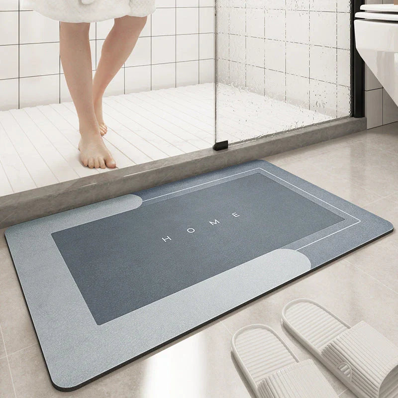 Plush bath mat with rectangle or oval design in various colors and sizes for bathrooms with sliding doors
