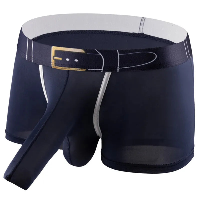 A pair of men's solid colour ice silk boxers on a mid waist model.