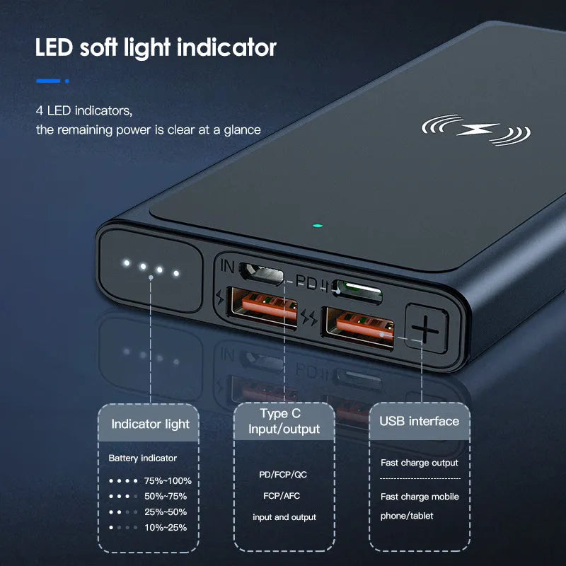 Black and blue alloy 10000mAh portable power bank with wireless charging function.