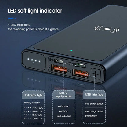 Black and blue alloy 10000mAh portable power bank with wireless charging function.