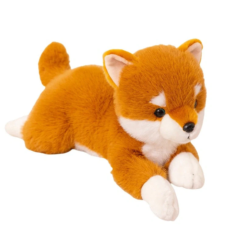 Brown Shiba Inu plush doll in lying position showing super soft short plush texture and natural posture simulation