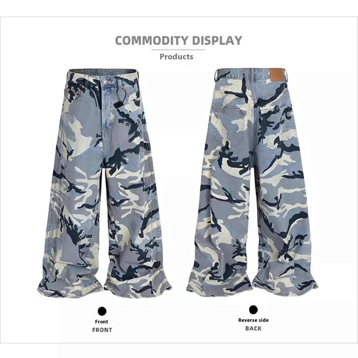 Snow camouflage blue jeans with mid-waist design and loose fit, showing micro-elastic denim fabric