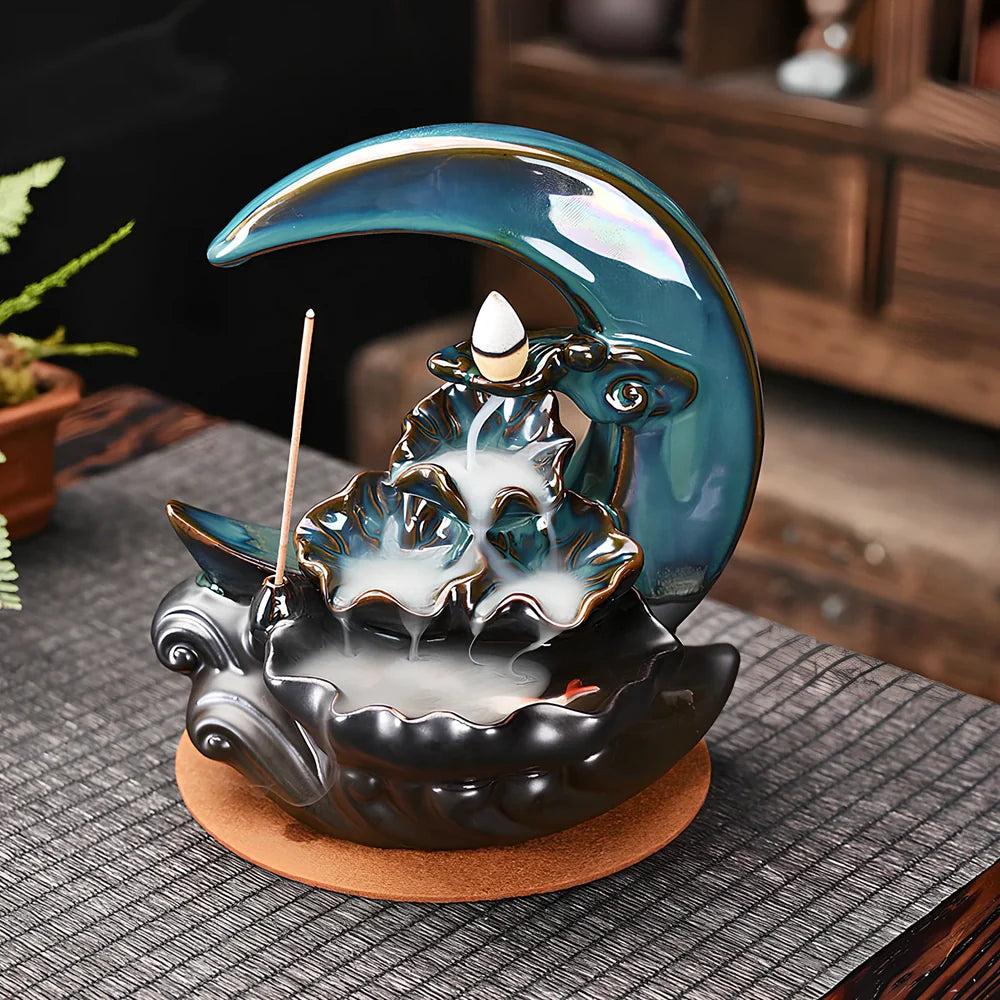 Monochrome glazed porcelain backflow incense burner with smoke waterfall effect and abstract Chinese design