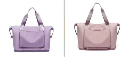 Roomy and foldable gym bag for women with waterproof Oxford fabric, multiple pockets, and wet/dry separation compartment