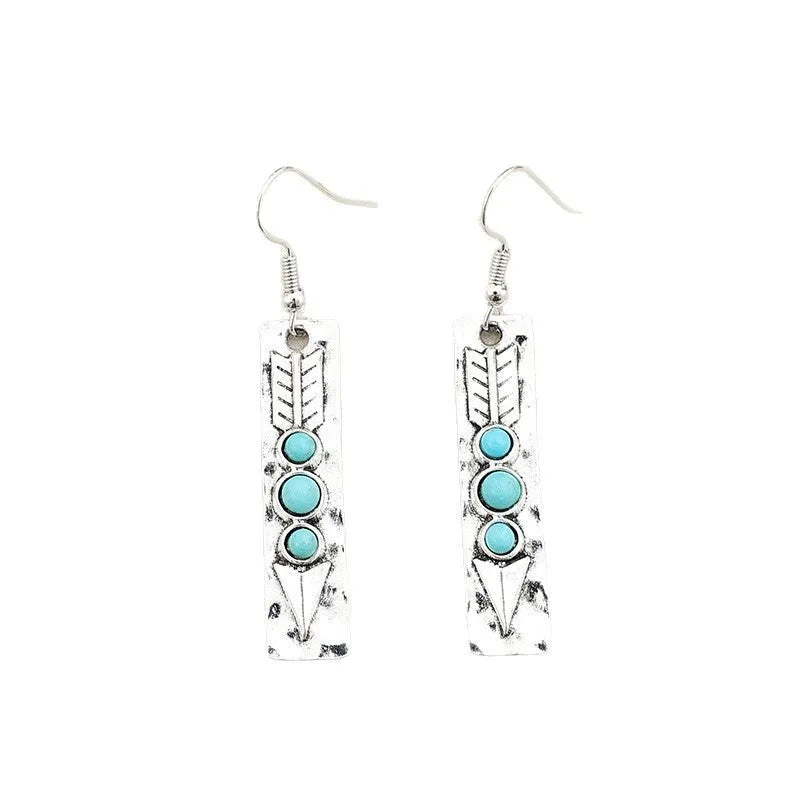 Silver geometric long strip earrings with turquoise inlay, zinc alloy retro style jewellery for women.