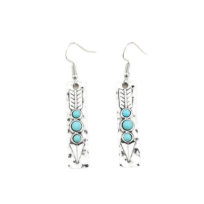 Silver geometric long strip earrings with turquoise inlay, zinc alloy retro style jewellery for women.