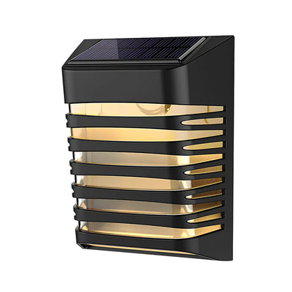 Black solar wall lamp with polycrystalline silicon panel measuring 90x20x53mm for outdoor garden lighting