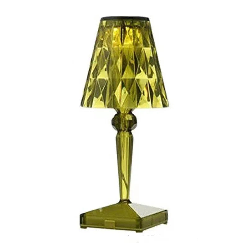 Portable touch projection night light with rose gold plating and acrylic construction, showing compact 14.5x14.5x30cm dimensions