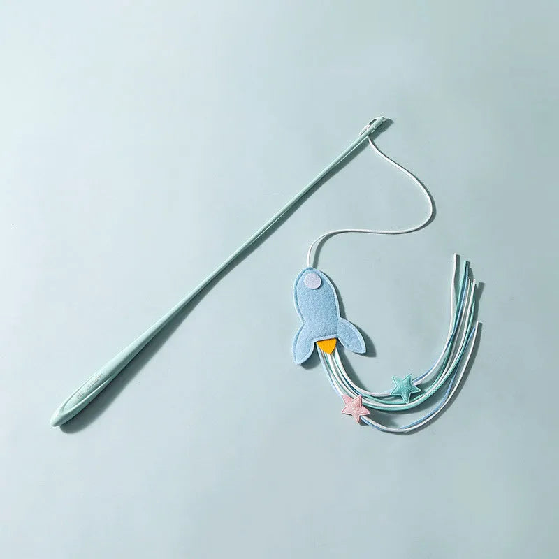 Blue and green long pole cat toy with feather attachments for interactive indoor play with kittens