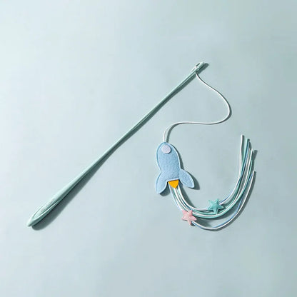 Blue and green long pole cat toy with feather attachments for interactive indoor play with kittens