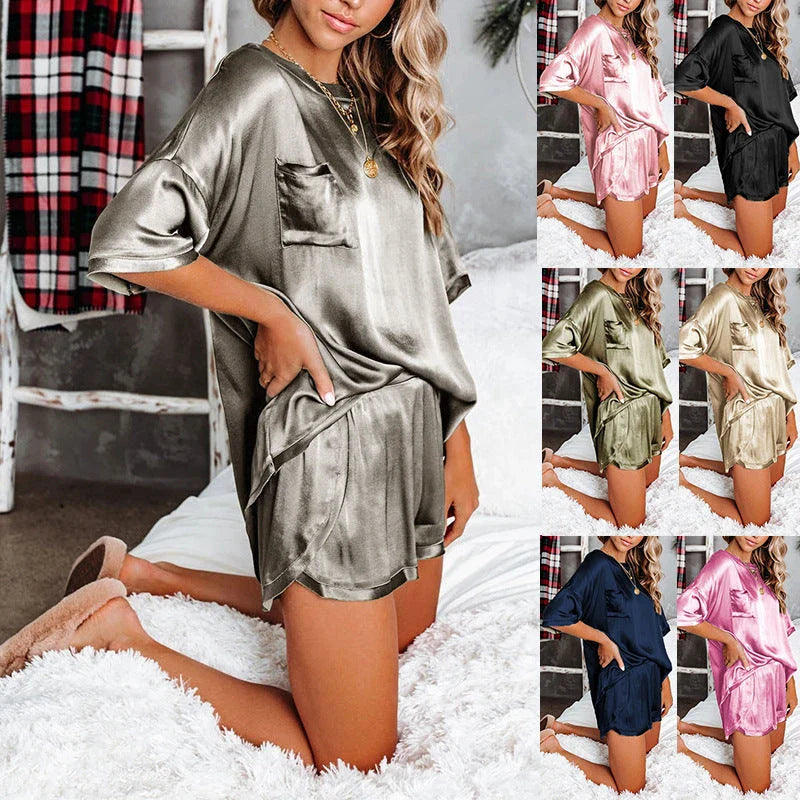 Cozy round neck short sleeve pajama set in various colors like pink, purple, gray, black, khaki, army green, and dark blue