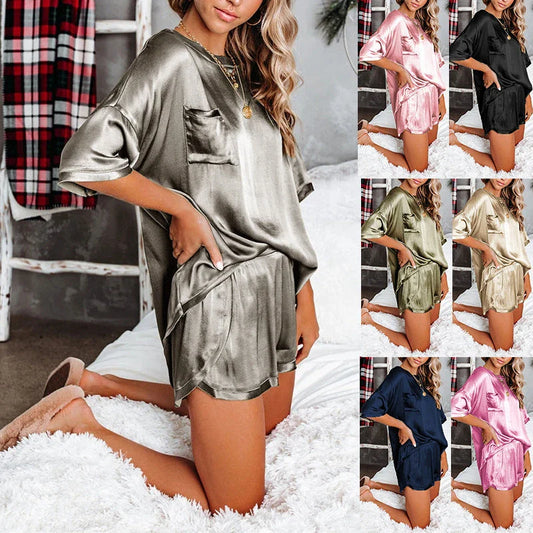 Cozy round neck short sleeve pajama set in various colors like pink, purple, gray, black, khaki, army green, and dark blue