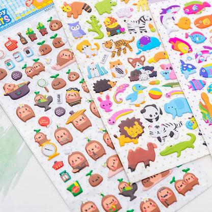 Cartoon three-dimensional bubble stickers showing colourful animal, food and pattern designs for decoration