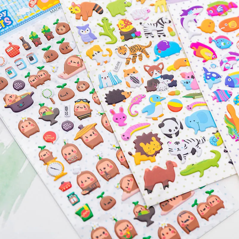 Cartoon three-dimensional bubble sticker hand account decoration sticker in multiple colourful designs including alpaca, forest animals, bow tie cat, colourful bunny and dinosaur patterns for personalising notebooks, laptops, water bottles and diaries