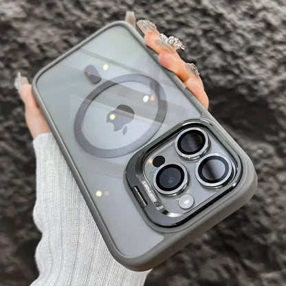 Transparent iPhone case with invisible bracket, CD pattern lens protector and hollow electroplated finish in black