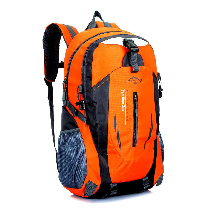 Large red outdoor travel backpack made of oxford cloth, showing front compartments and carrying straps.