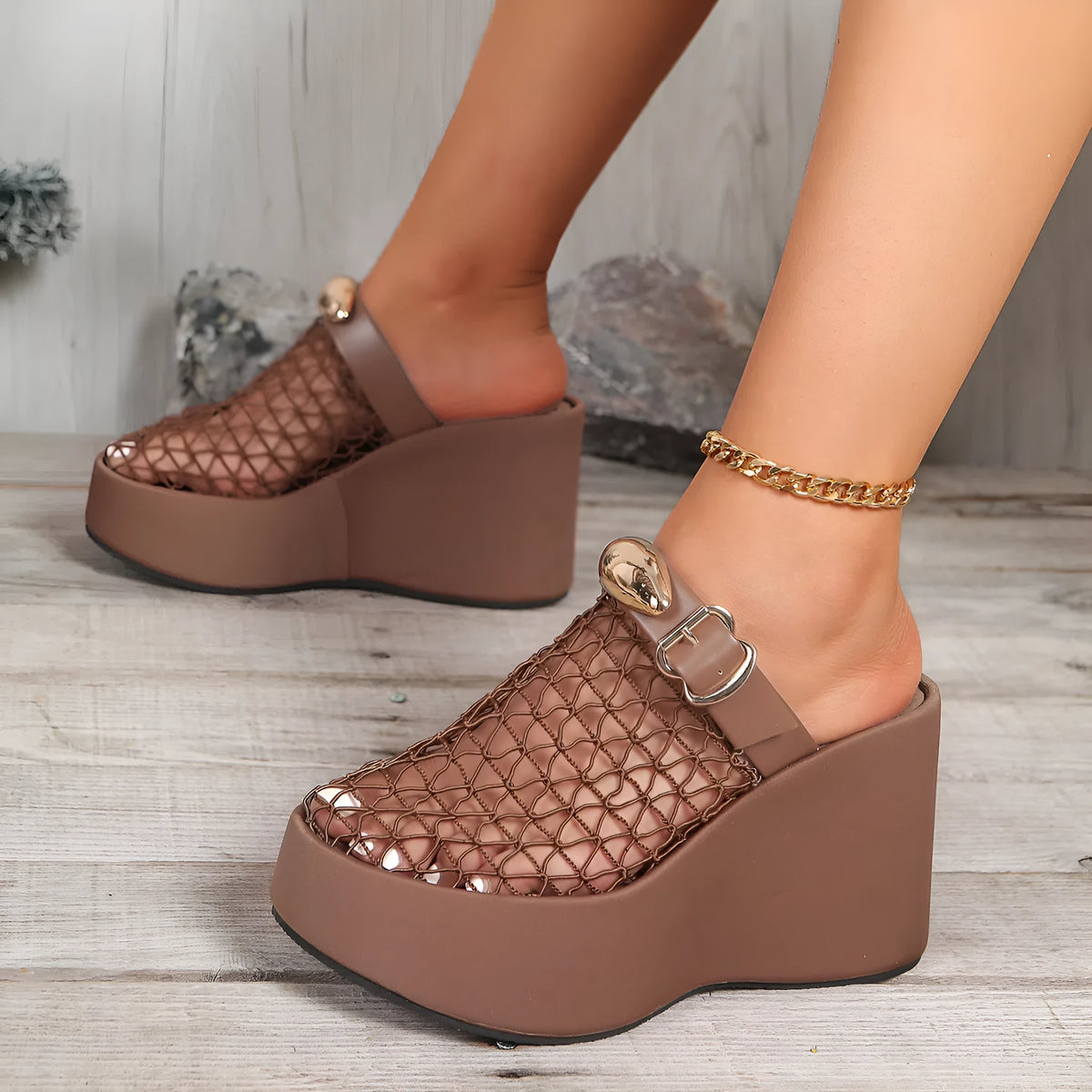 Openwork mesh sandals with metal buckle, thick rubber sole and ultra high heel over 8cm, in black, red or brown