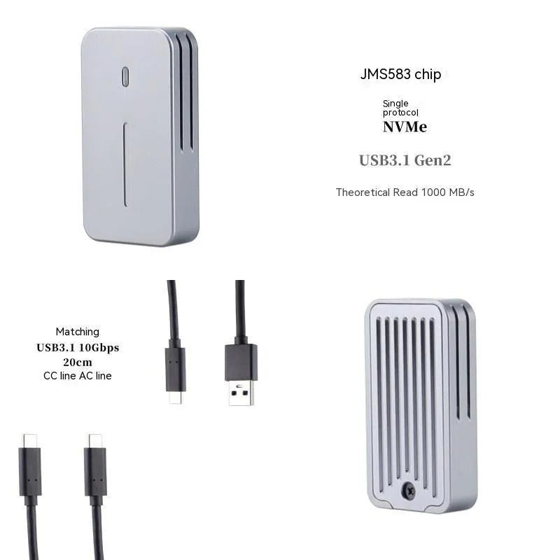 Aluminum external SSD enclosure measuring 5.2cm with USB-C port for 10Gbps transfers
