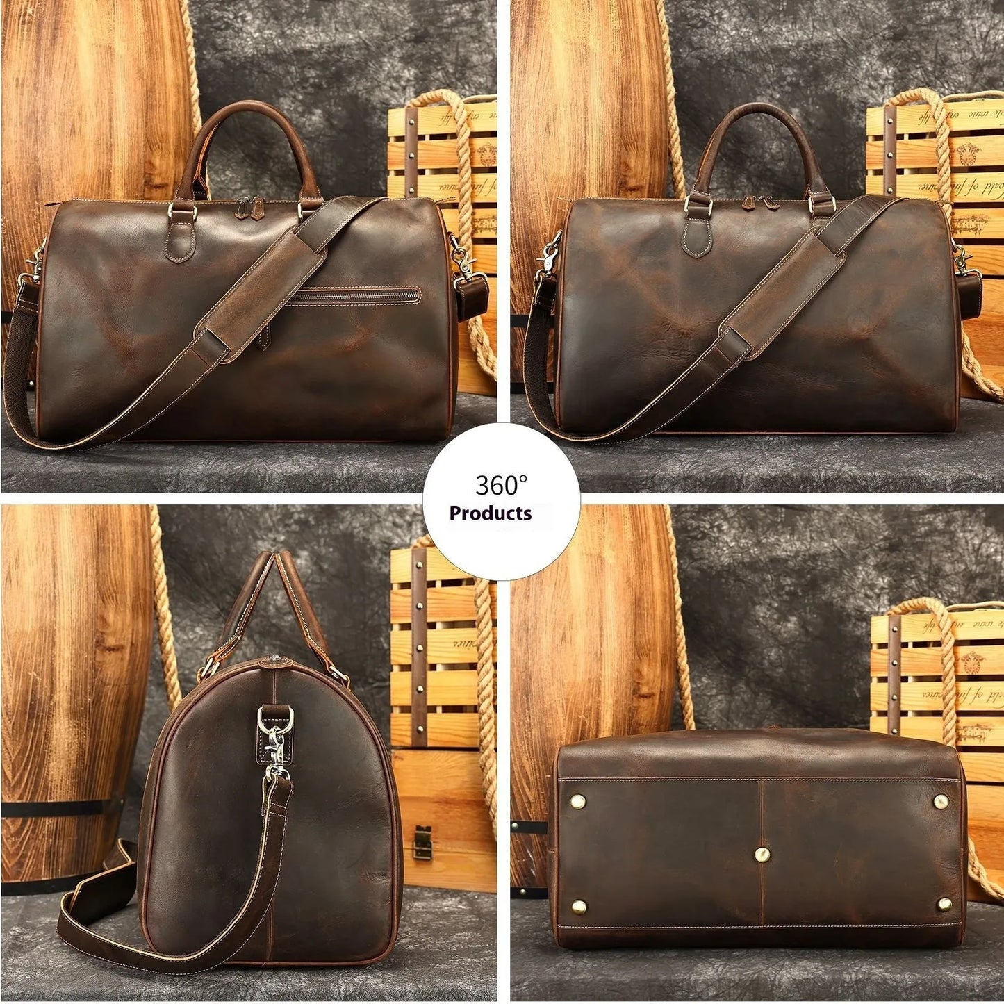 Men's large genuine cowhide leather crossbody bag in vintage travel style.