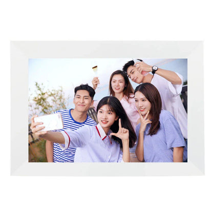Touchscreen smart WiFi digital photo frame with rotating display, allowing users to easily share and view photos from anywhere.