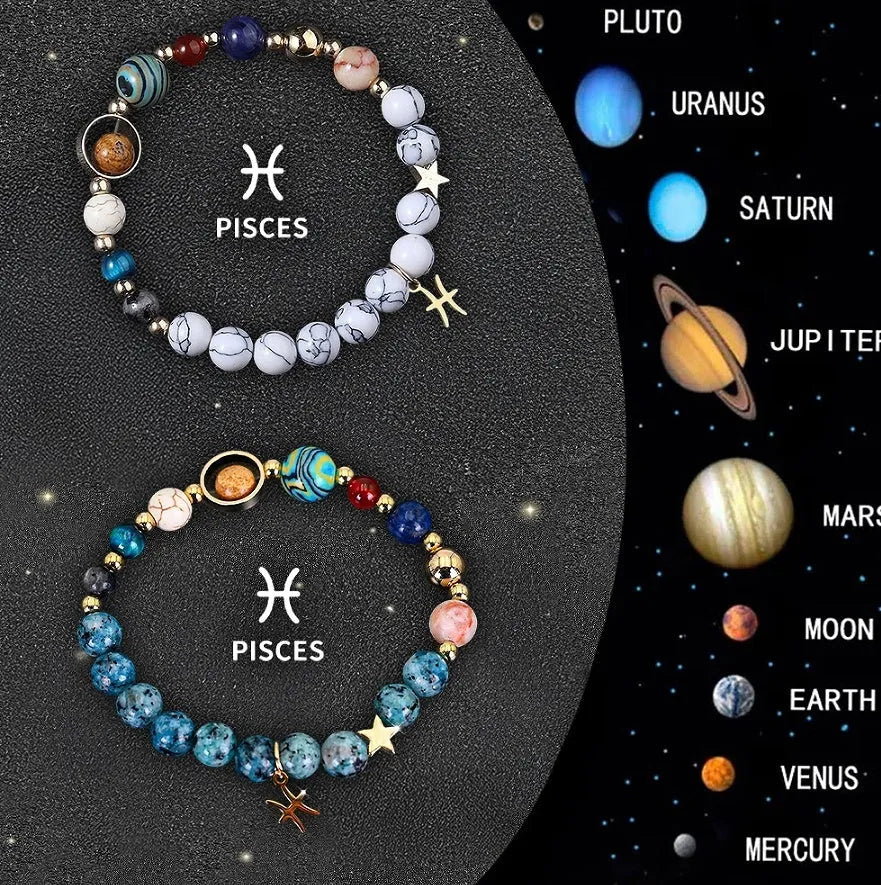 Twelve Zodiac Sign beaded bracelet set with natural stone beads and silver charms on adjustable chain