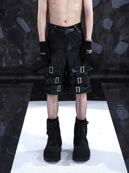 Men's black PU leather cropped pants with medium low waist, made from 100% polycarbaminate fibre, showing front view