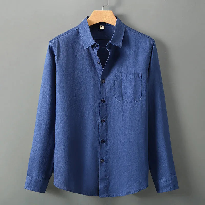 Long sleeve linen cardigan in a Chinese style, shown in a solid colour on a model.