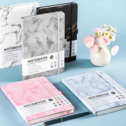 A5 skin feeling PU leather diary with strap closure and horizontal line pages in marble black colour