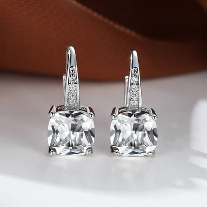 Square zircon inlaid ear hook earrings with geometric design and electroplated finish in golden tone