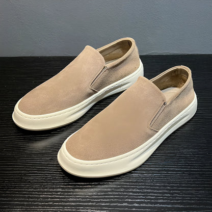 Men's casual shoes with round toe design and mid-heel height in grey and apricot colour options