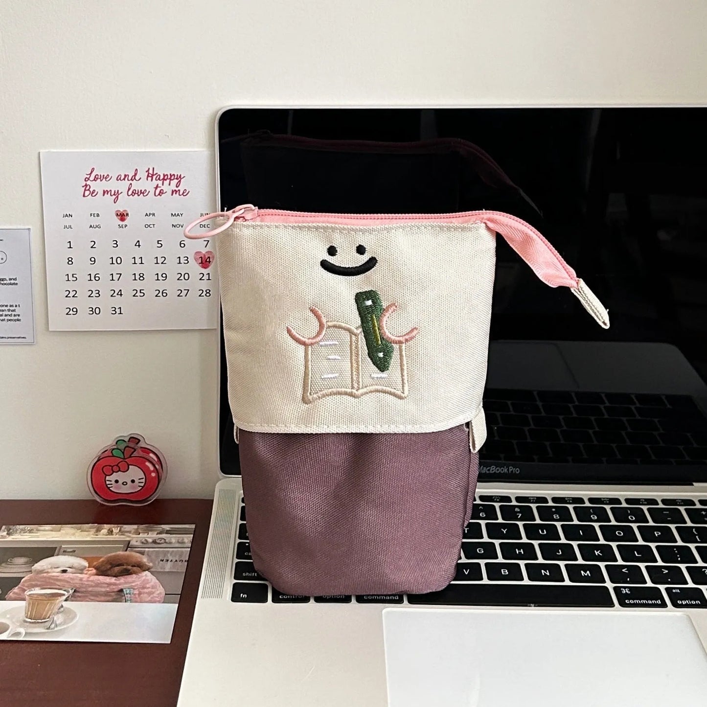 Brown and green cartoon collapsible pencil case measuring 17x14cm with Oxford fabric construction