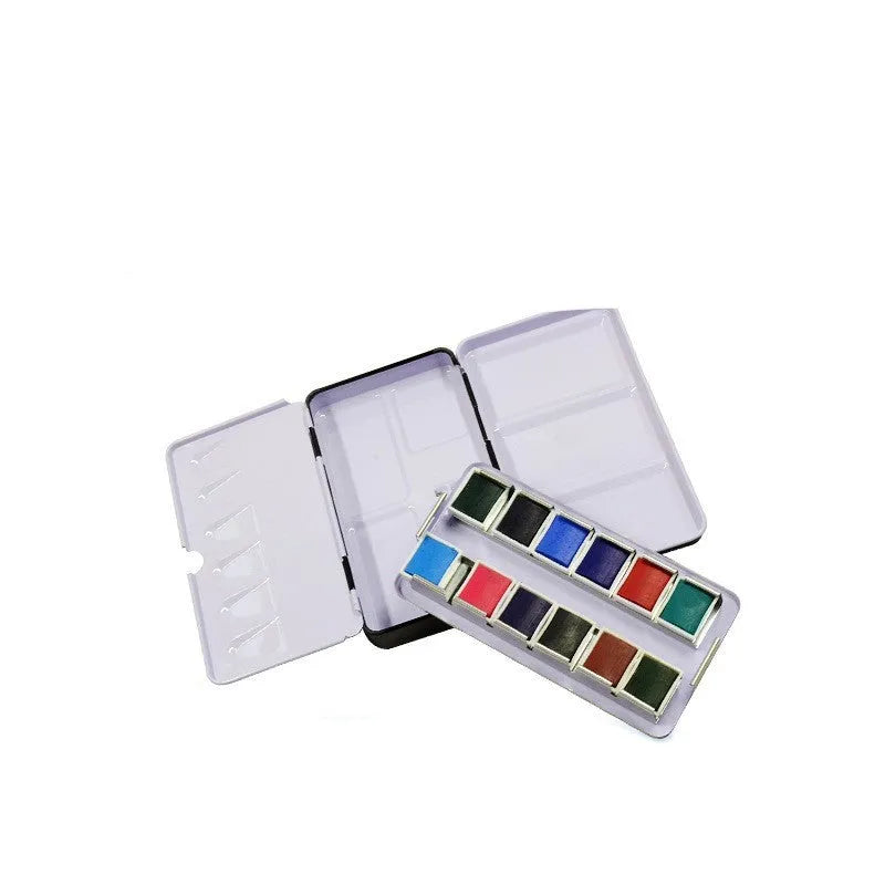 Tinplate solid watercolour paint box in square shape with folding lid, shown in three size options.