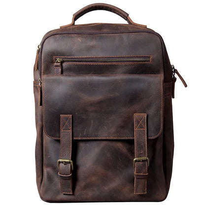 Dark coffee coloured retro leather backpack made from first layer cowhide with organised interior pockets.