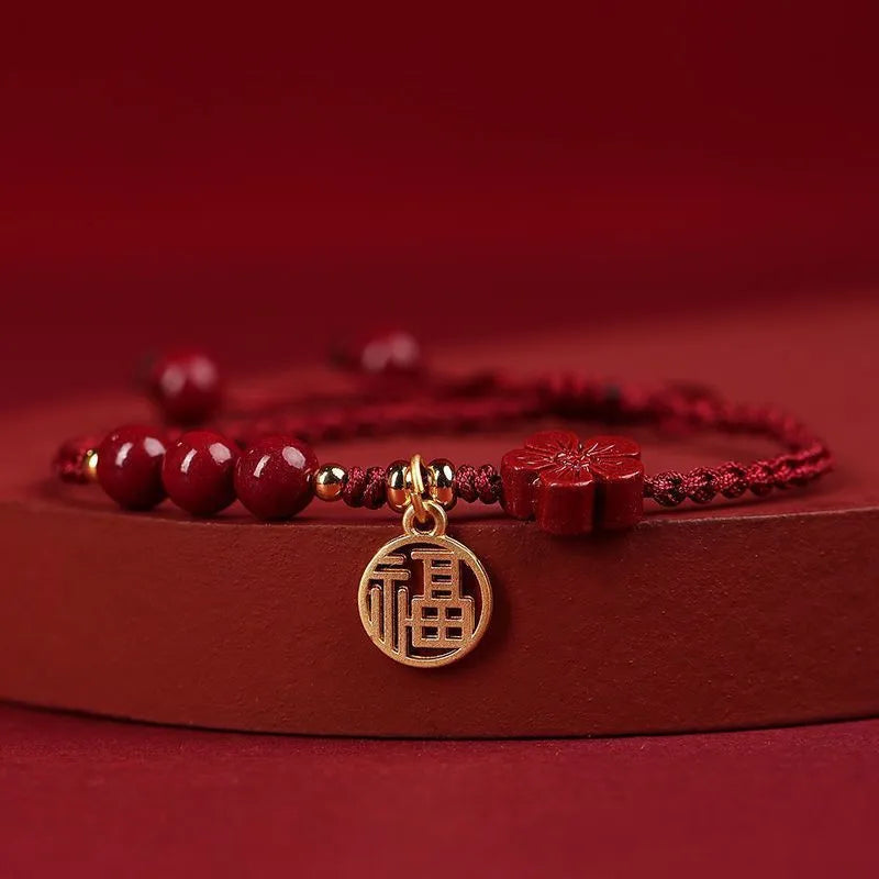 Cinnabar ethnic bracelet with braided rope strap and blessing charm for college entrance exams