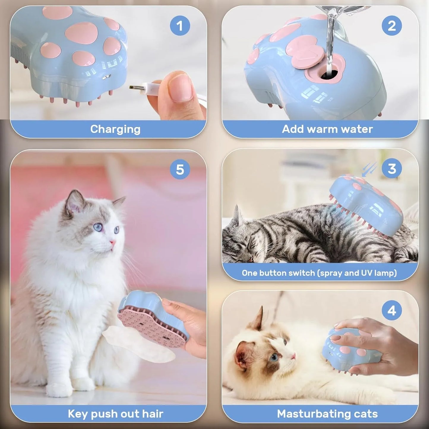 Self-cleaning cat steam brush with silicone bristles, blue light, and rechargeable spray for pet grooming