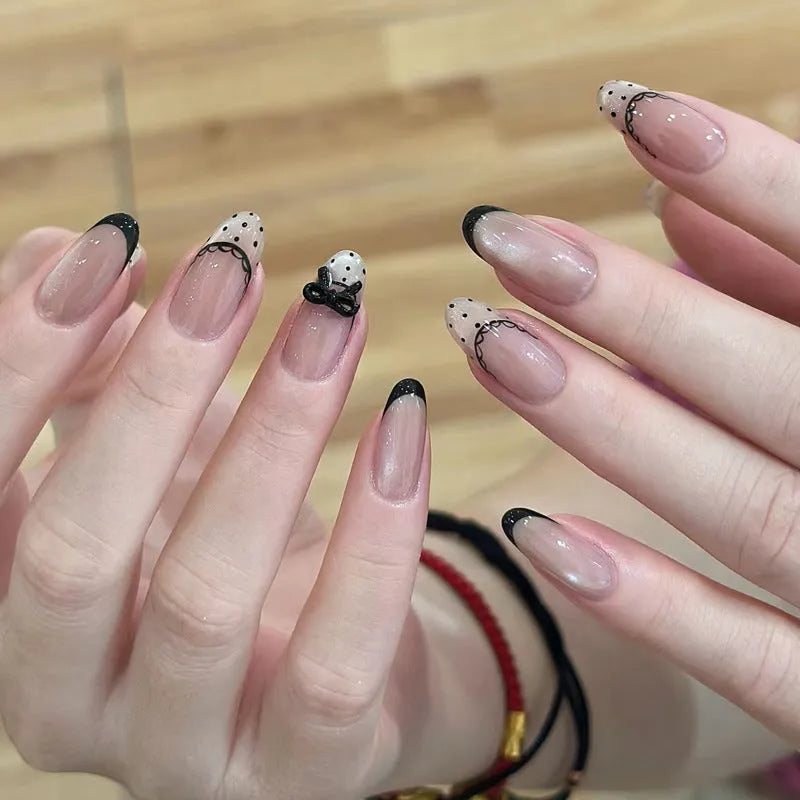 Sweet Girl style medium coffin false nails with random colour patterns, press on artificial nail sets