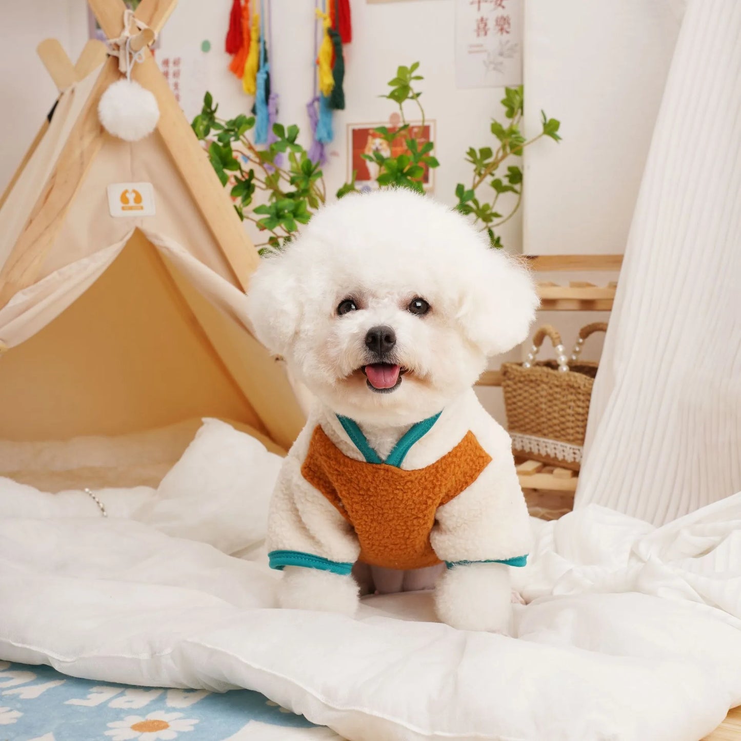 Lambswool pet fleece sweatshirt for dogs and cats in caramel, wine red, or dark green.