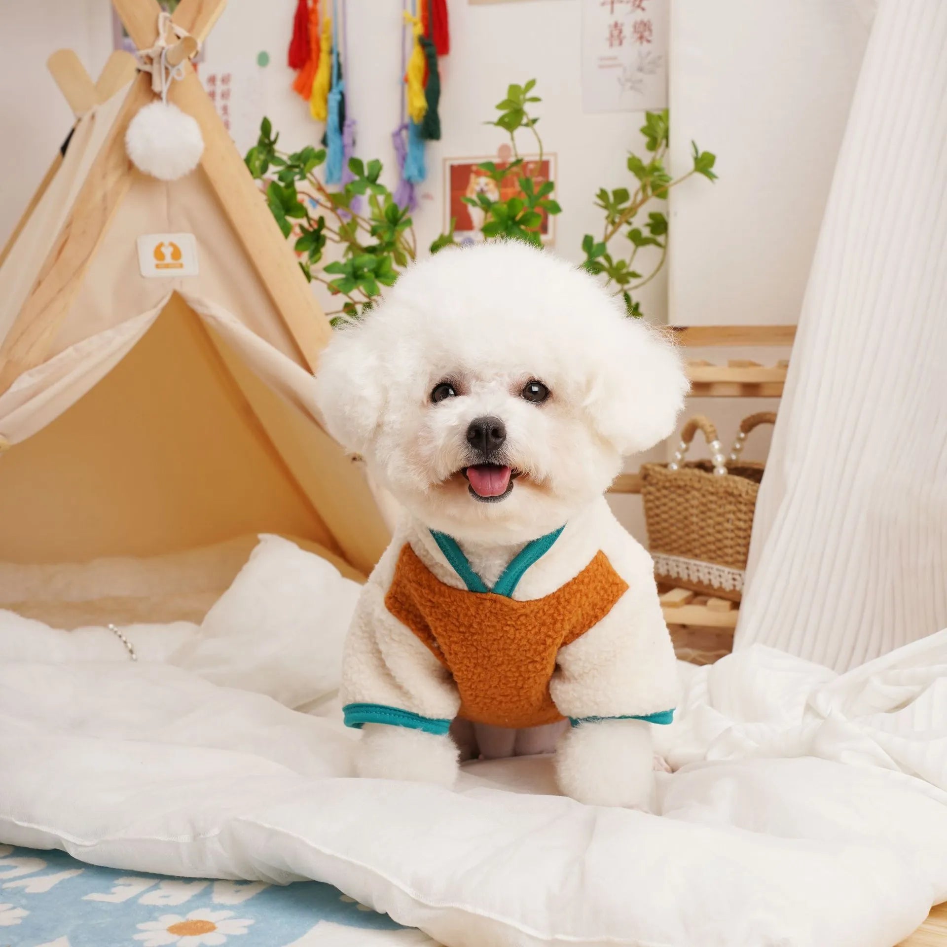Lambswool pet fleece sweatshirt for dogs and cats in caramel, wine red, or dark green.