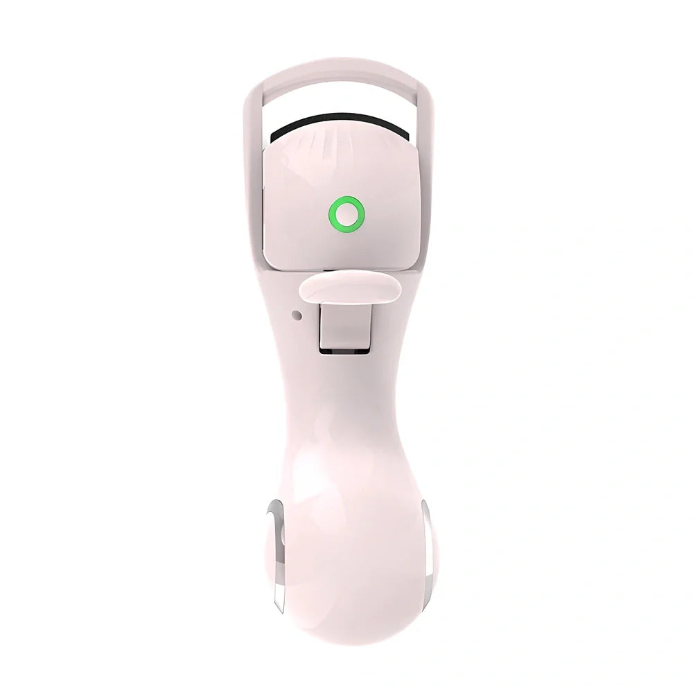 Pink and white electric eyelash curler with USB charging cable and temperature control buttons