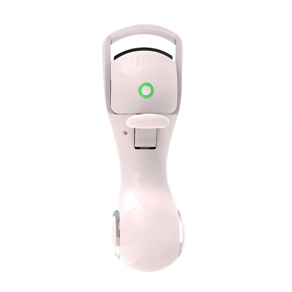 Pink and white electric eyelash curler with USB charging cable and temperature control buttons