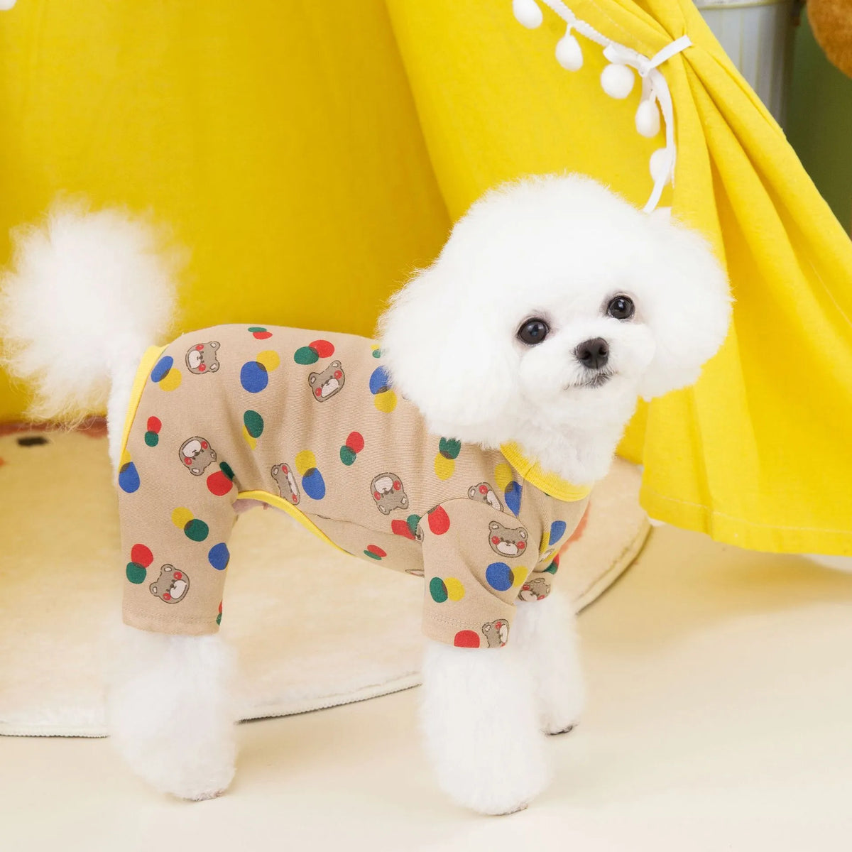 Colourful ball bear dog outfit in beige and light brown colours made from cotton spandex blend