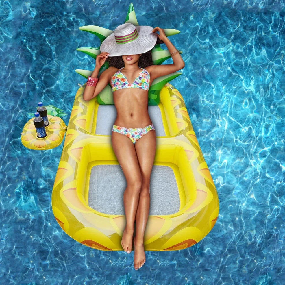 Yellow pineapple-shaped inflatable pool float with drink holder and ergonomic headrest design