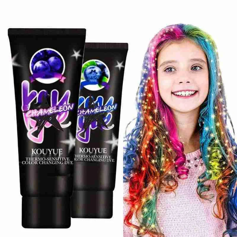 Thermochromic hair dye cream that changes color at 18°C, available in green yellow and black silver