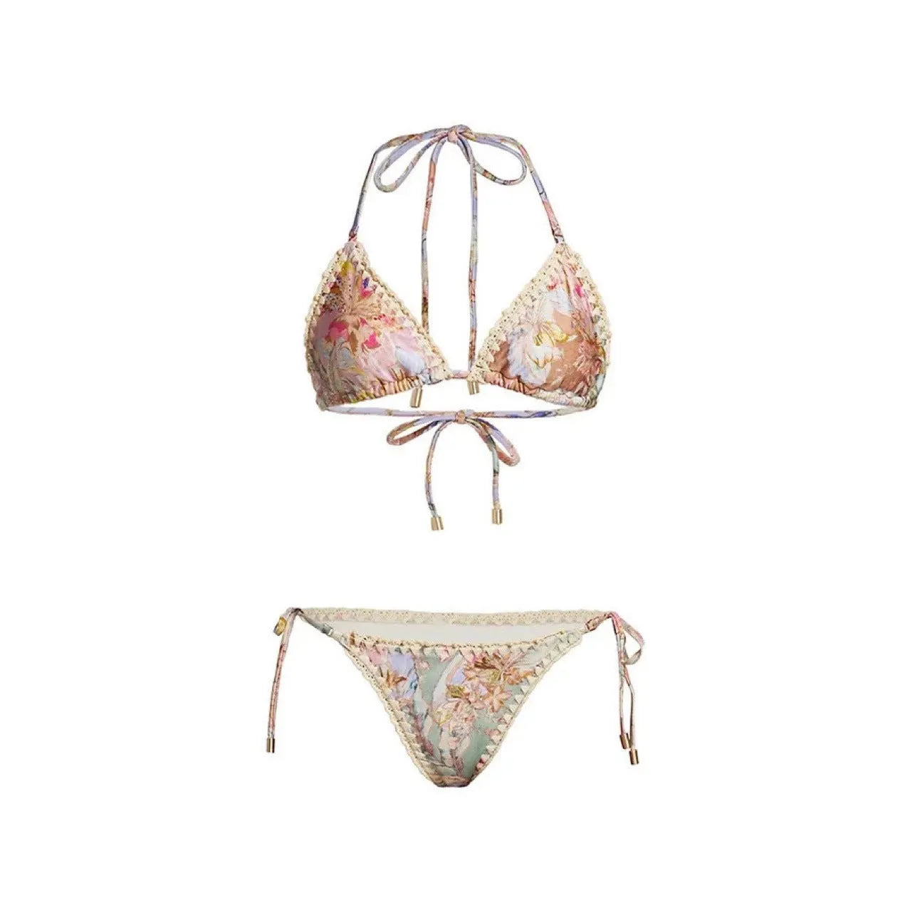 Women's creamy-white floral bikini set with detachable skirt for beach and pool use