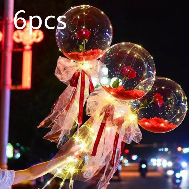 Transparent LED luminous balloon rose bouquet with artificial flowers and illuminated lights