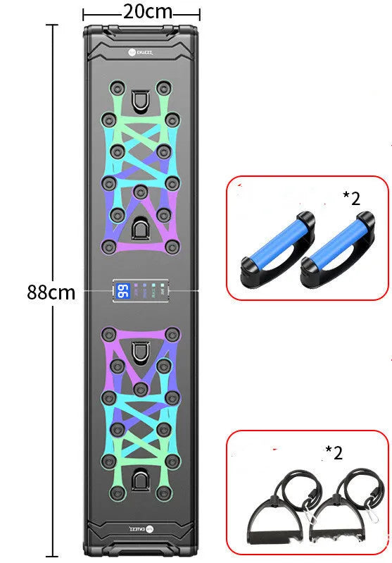 Black multifunctional push-up board 87cm x 43cm x 20cm with ABS plastic body and TPE soft rubber grips for chest training