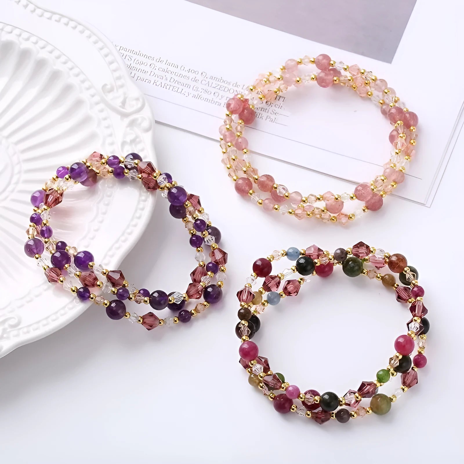 Women's handmade crystal bracelet with three-ring design and adjustable 51-52cm length