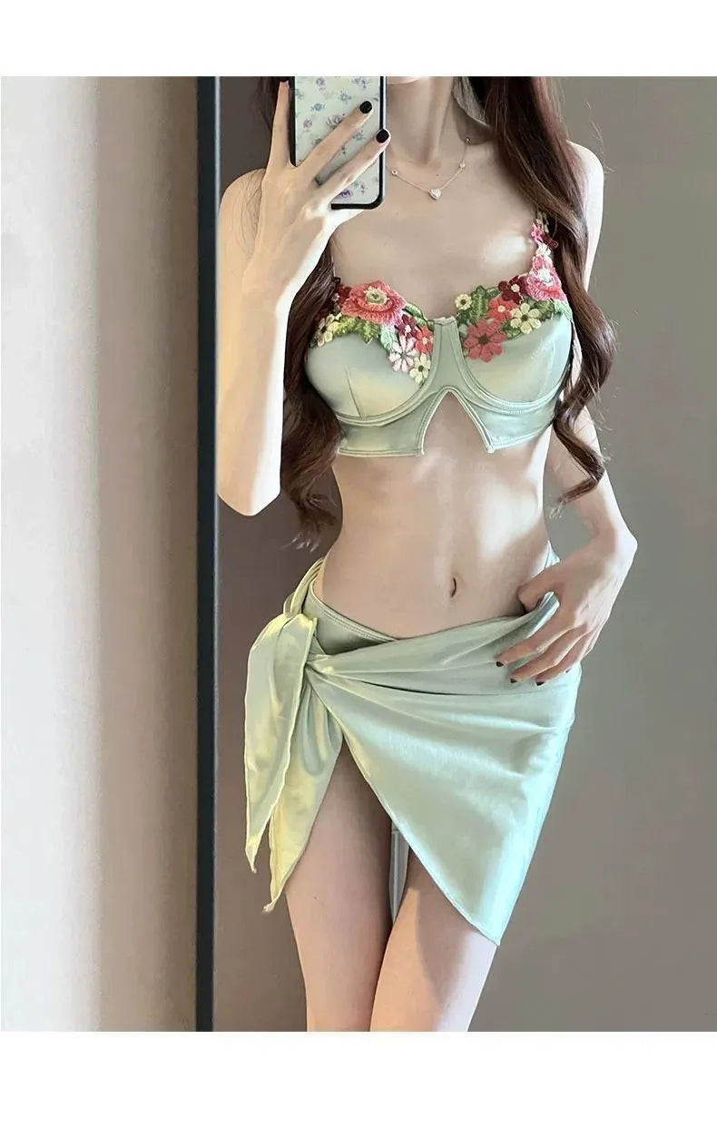 Green women's bikini three-piece swimsuit set with triangle top and briefs