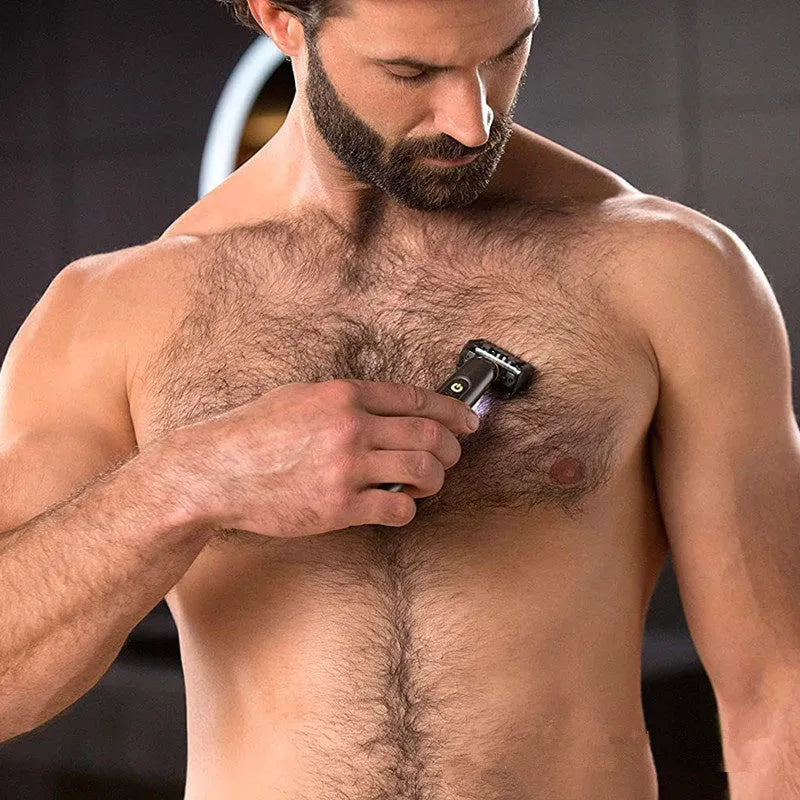 Wireless rechargeable precision shaver with stainless steel blades and LED light